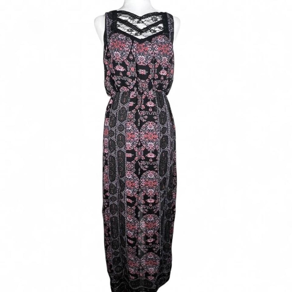 Free People Lace Neck Halter Maxi Dress Boho Festival Sheer Black Print‎ S